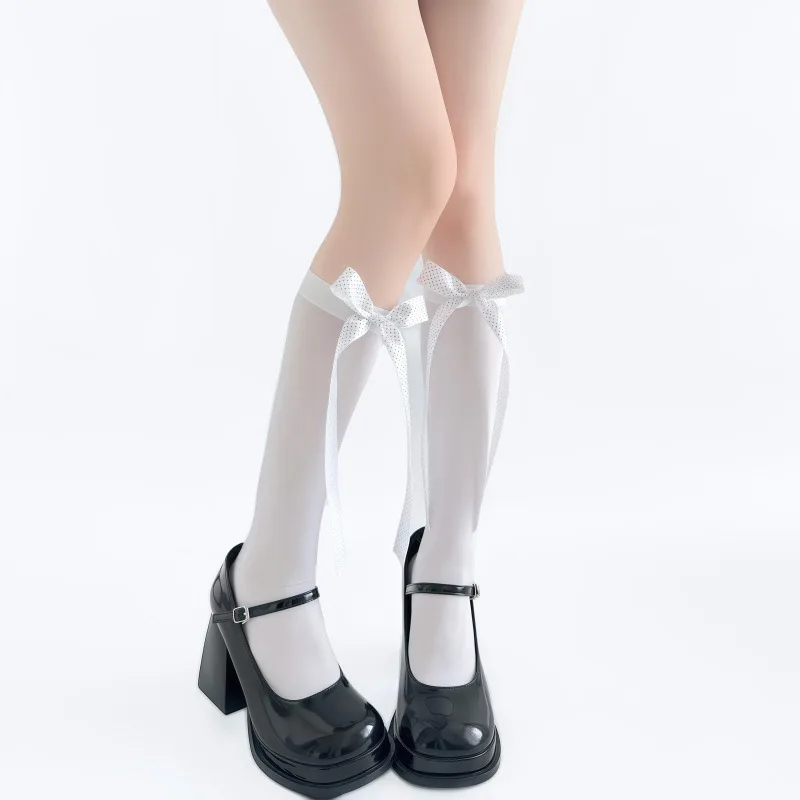 Thin Velvet Polka‑Dot Bow Slouchy Socks, Y2K Spicy Girl Style Mid‑Calf Over‑the‑Knee Socks for Young Girls Streetwear Matching