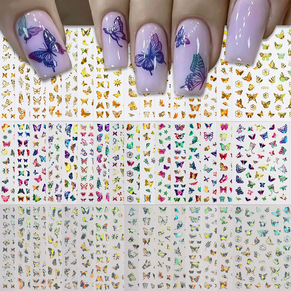 16pcs Laser Gold/Silver/Colored Butterfly 3D Nails Sticker Summer Flower Nail DIY Decals Luxurious Butterfly Stickers Nail Decor