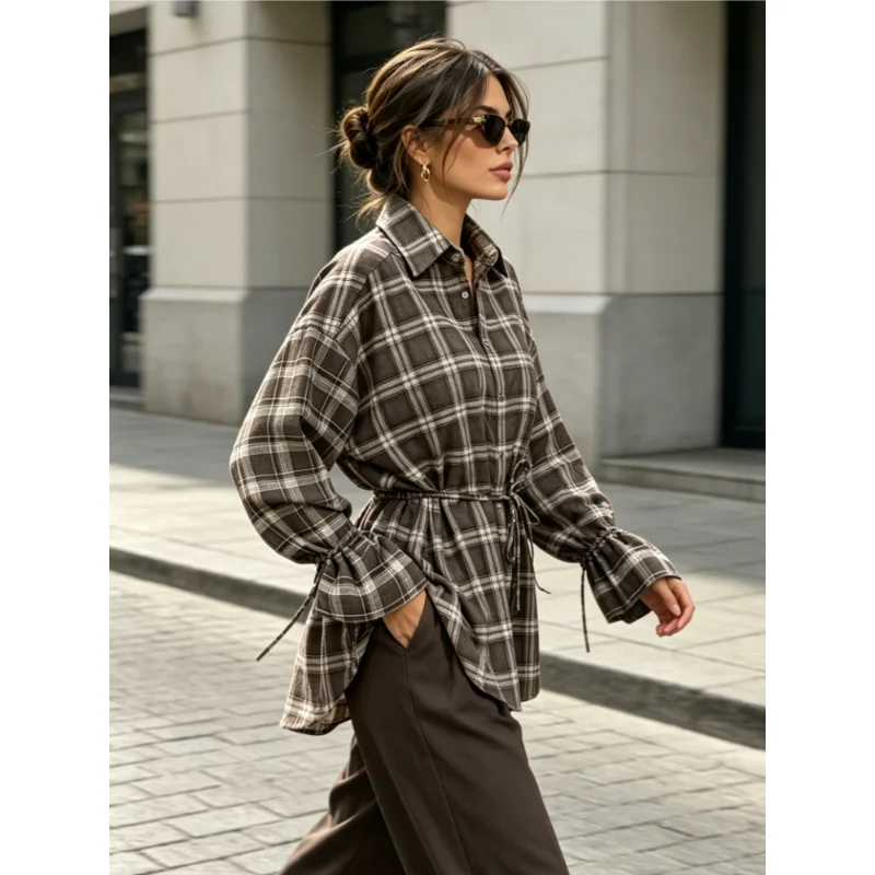 New Fall Vintage Plaid Women Collared Shirt, Drawstring Waist Cuff Tie‑Detail Oversized Drop‑Shoulder Long Sleeve Casual Blouse