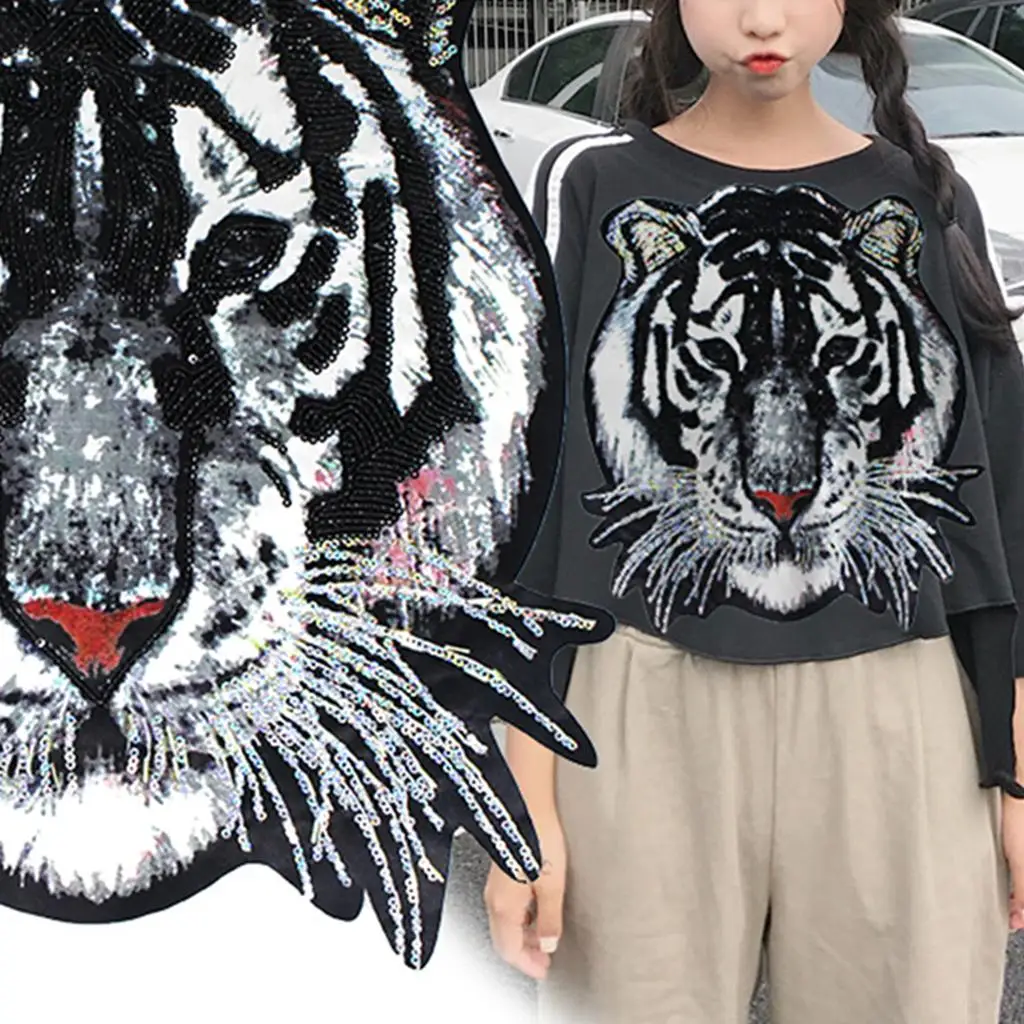 Tiger Head Pattern Patches Sequin Motifs Sew On Patch DIY Clothing Applique for Jeans Jacket Bags Costume Clothes Decoration