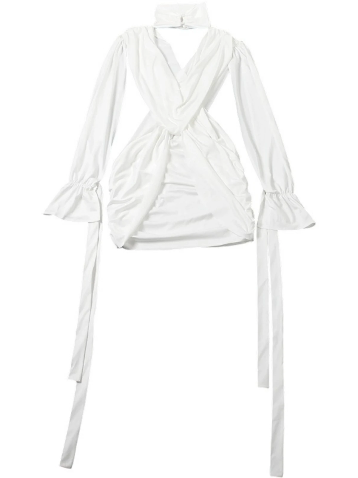 SsTss 2025 outono inverno manga longa bodycon mini vestido para mulheres cor sólida decote em v profundo corte cintura drapeado vestido de festa sexy