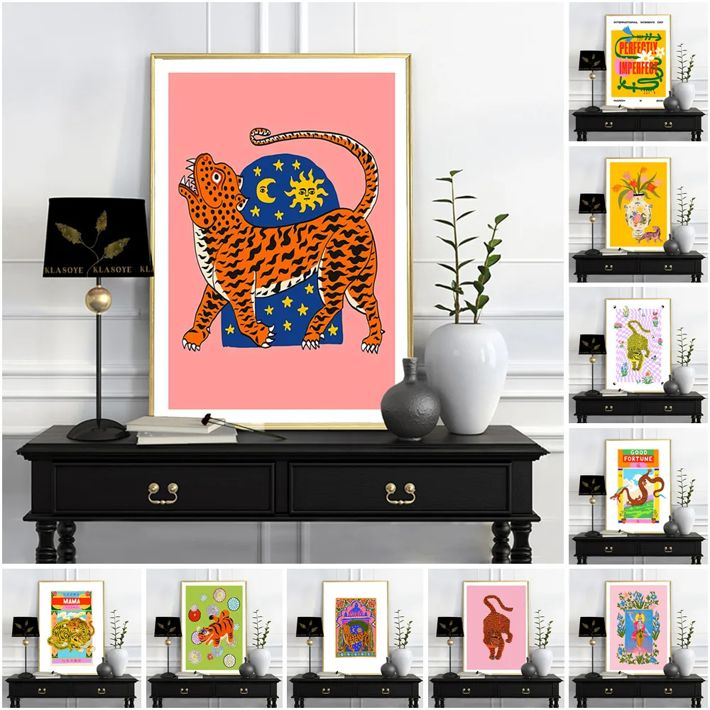 

Cartoon Mama Tiger Animal Poster Dragon Canvas Painting Art Print Decor Wall Picture Mothers Day Gift