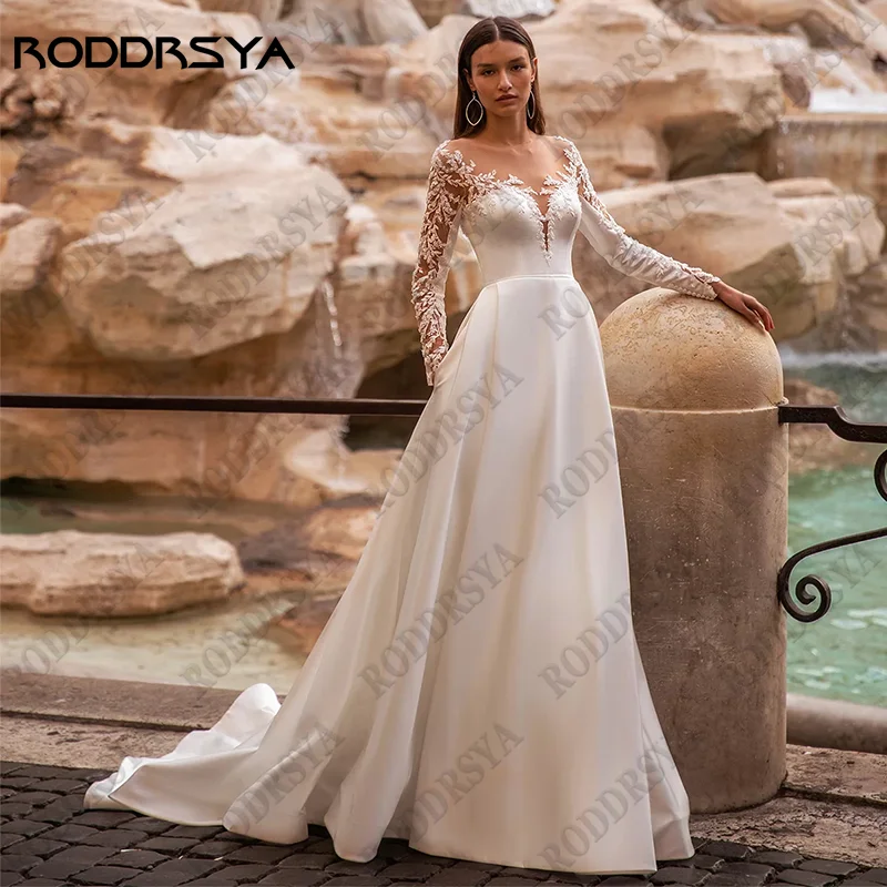 RODDRSYA-Satin ثوب زفاف مع مزخرف بالدانتيل ، فستان زفاف على شكل حرف A-line ، أكمام طويلة ، رقبة دائرية ، ظهر ذو وهم ، مصنوع خصيصًا