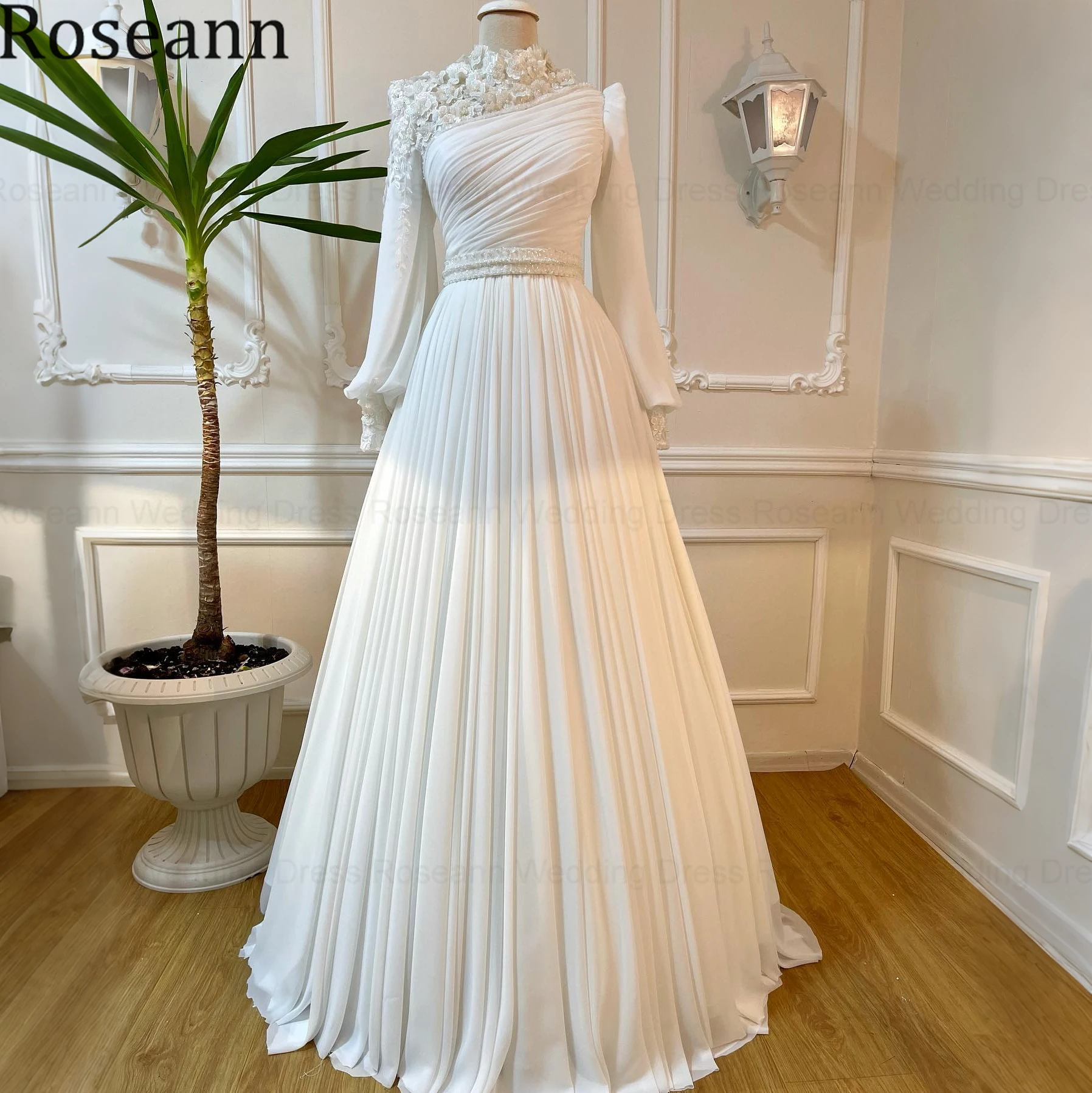 Roseann Wedding Dress Modest High Neck Muslim amanda novias oficial 3D Floral Lace Long Sleeve A Line Bridal Gown Customized New