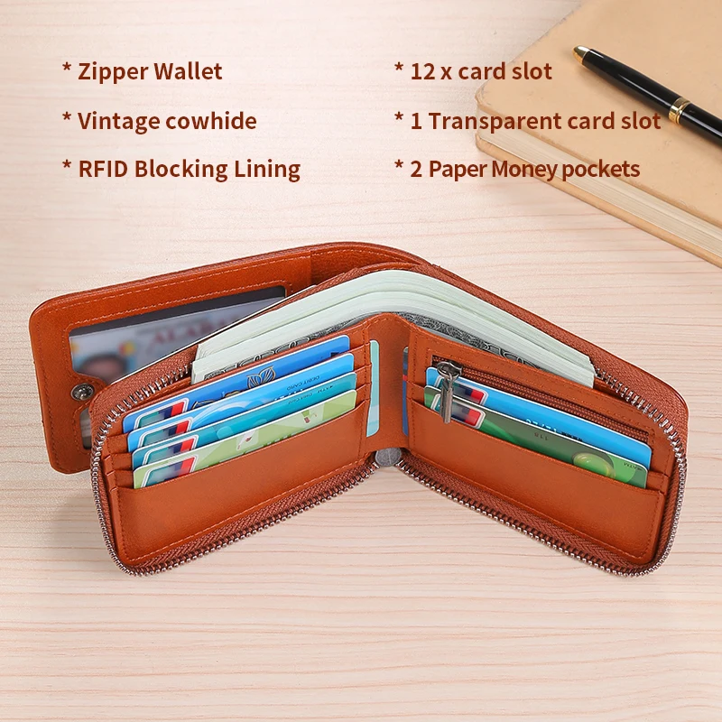 Wallet men's short leather 2024 new pure cowhide zipper popular driver's license card bag style leather clip wallet image 6
