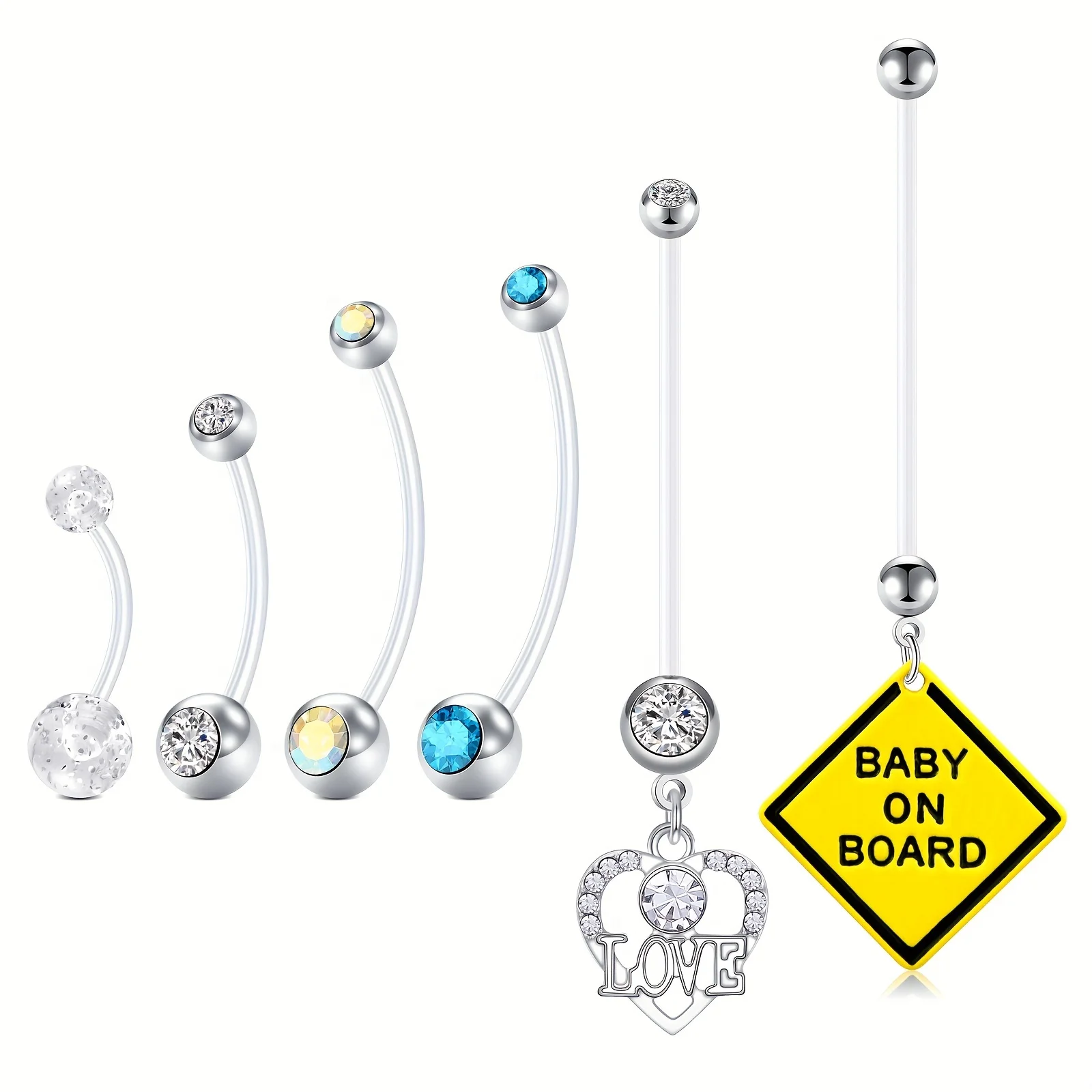 6pcs Belly Button Rings,14G Flexible Plastic Belly Bar With Zirconia And Pendant Heart Foot Maternity Pregnancy Belly Piercing
