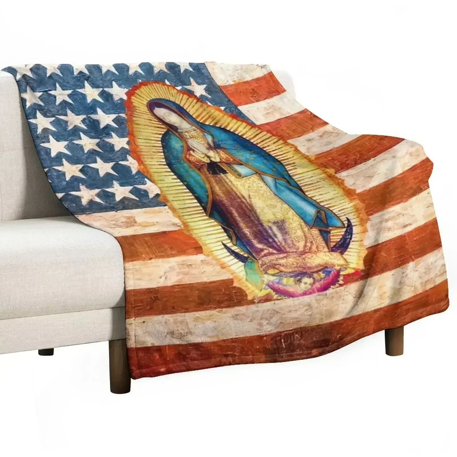 Our Lady of Guadalupe Mexican Virgin Mary USA United States Flag Mexico Catholic Throw Blanket Luxury Brand Bed linens Blankets