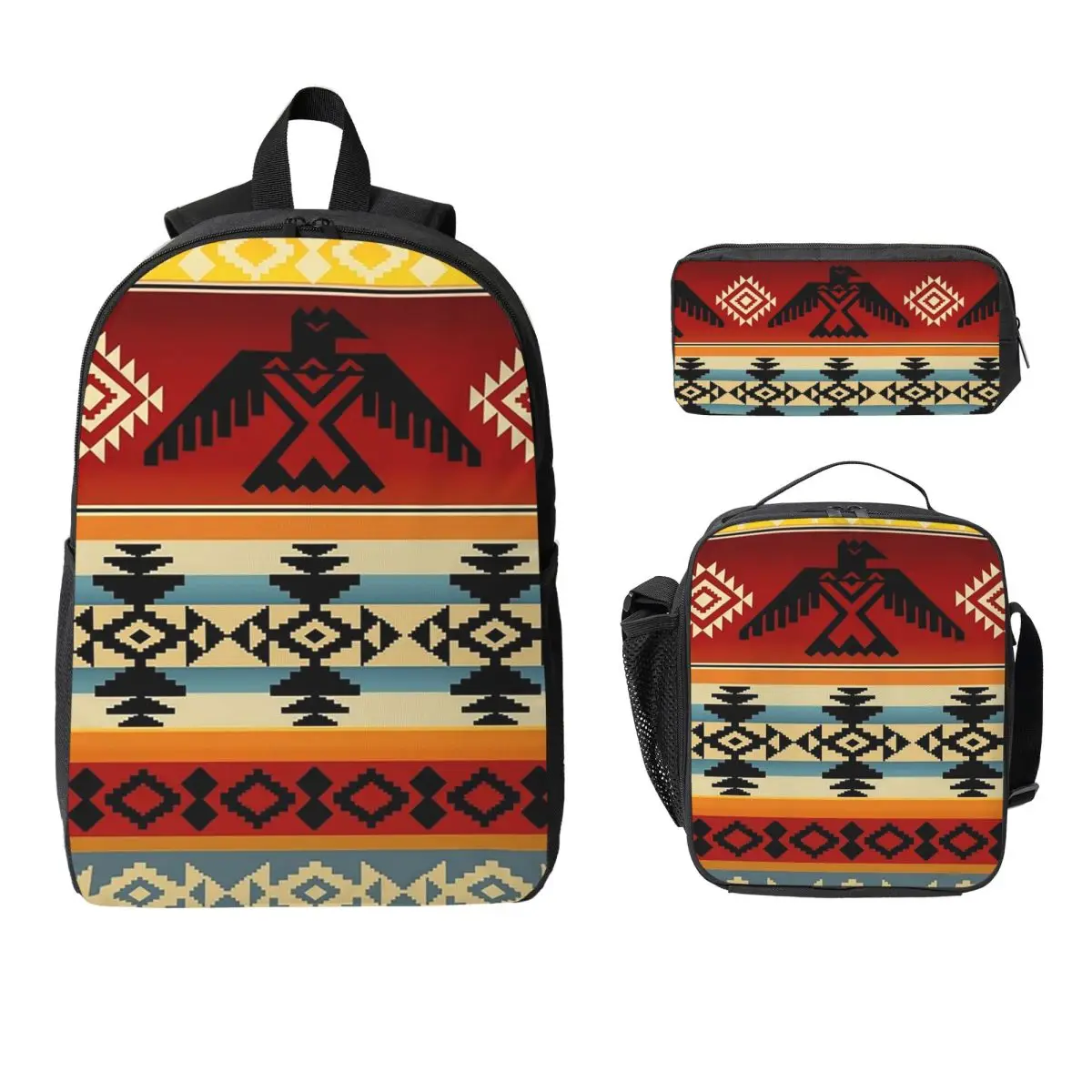 

Thunderbird Native American Pattern Backpack Boys Girls BookBag School Bag Shoulder Bags 3ps Insulated Lunch Bag Pencil Case