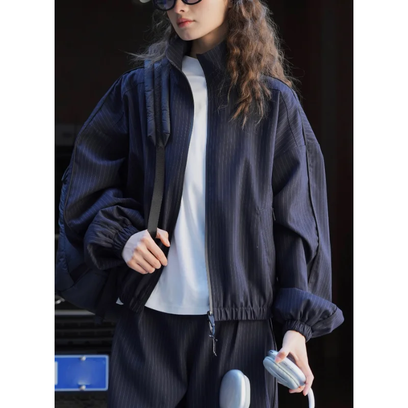 Spring 2024 Casual Striped Jackets Women Zipper Stand Collar Windproof Crisp Loose Slim Coats Navy Blue Grey Famale Clothing