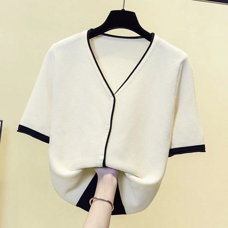 Elegant Thin Knitted Cardigan Sweater Women Short Sleeve V-neck Ice Silk Vintage Knitwear Tops Stylish Fashion Chic Jumper 2023