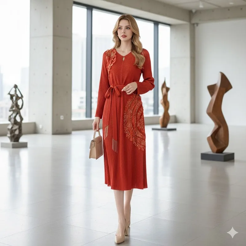 

Плиссированные платья Miyake 2026, весна-лето, новые свободные платья больших размеров для пожилых людей с v-образным вырезом, горячие золотые темпераментные элегантные тонкие складные платья