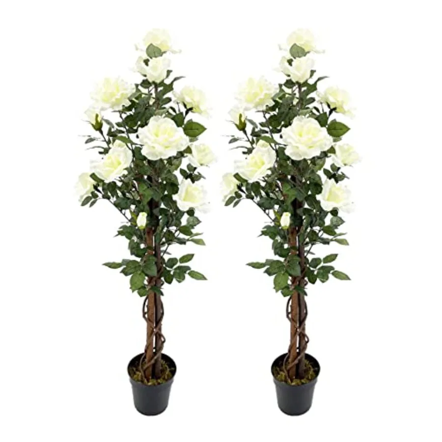 

Pair Gorgeous 4 Feet White Rose Artificial Trees with Blooming Flowers in Nursery Plastic Pots Feel Real Technology