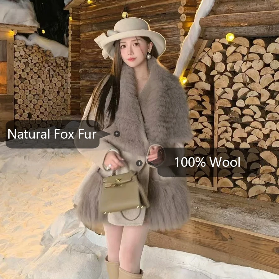 Women's Woolen Coat With Fox Fur Large Collar New Wool Coat Natural Fox Fur Coat Luxury Fashion Real Fur Coat