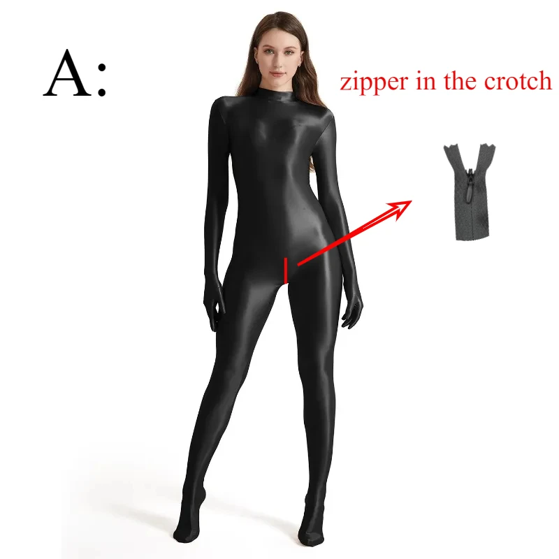 Women Oil Stretch High Neck Bodycon Zipper Jumpsuit Long Sleeve Gloves Zentai Overalls Yoga Fitness Cosplay Costumes Bodysuit