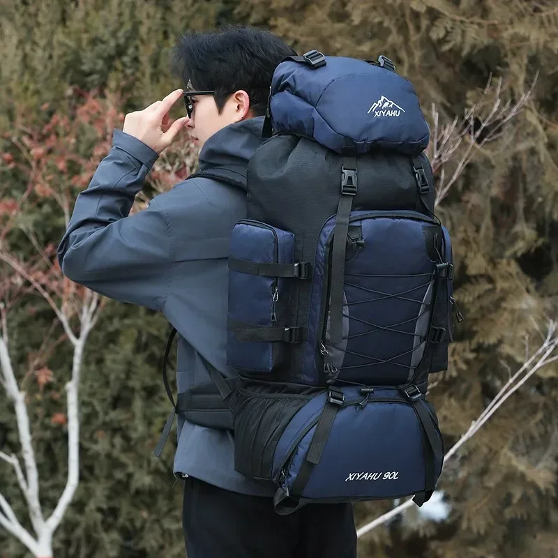 Mochila de caminhada de nylon 90L ao ar livre à prova d'água para homens Bolsa de viagem de grande capacidade Mochila de acampamento