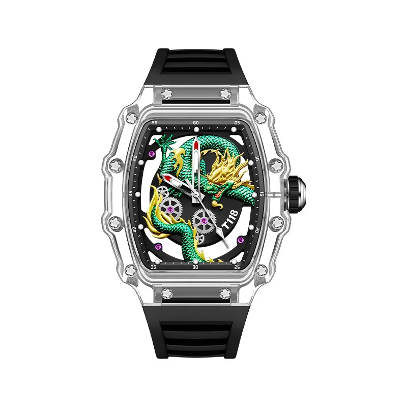 

Transparent Skeleton Men Watch Green Dragon Dial Luminous Quartz Wristwatch Luxury Silicone Strap Fashion Business Watches