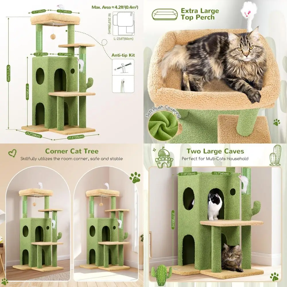 

50 зеленых кошачьих деревьев кактусов со ступеньками, когтеточка, 2 пещер, игрушки для больших домашних кошек