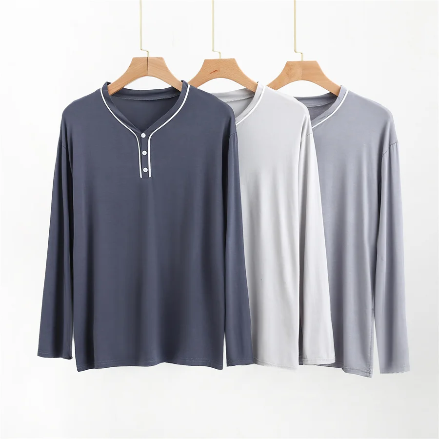 Modal Pajamas Sleep Tops Men\'s Button-down V-neck Long Sleeve T-shirt Simple Underwear Casual Sleepwear Men Henley Shirt