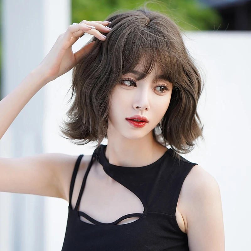 7JHH WIGS Short Wave Brown Bob Wig for Women Daily Use High Density Synthetic Fashion Wavy Cool Brown Hair Wigs with Neat Bangs