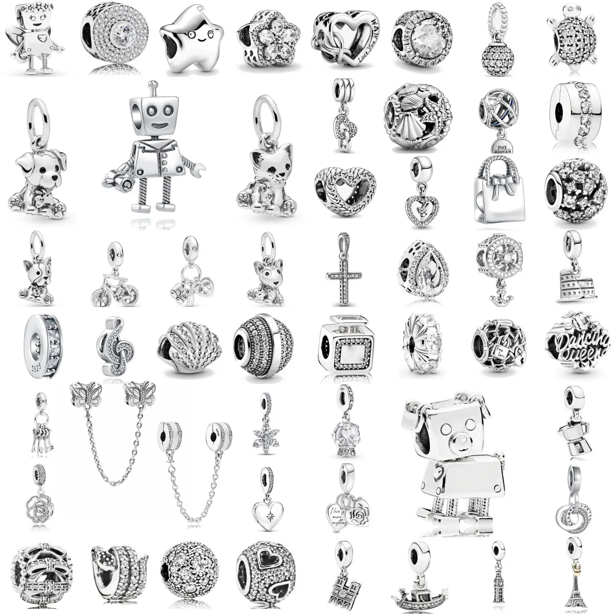 White Series 925 Silver Note Shell Key Robot Iron Tower Pendant Suitable for Bracelet DIY Fashion Jewelry Accessories
