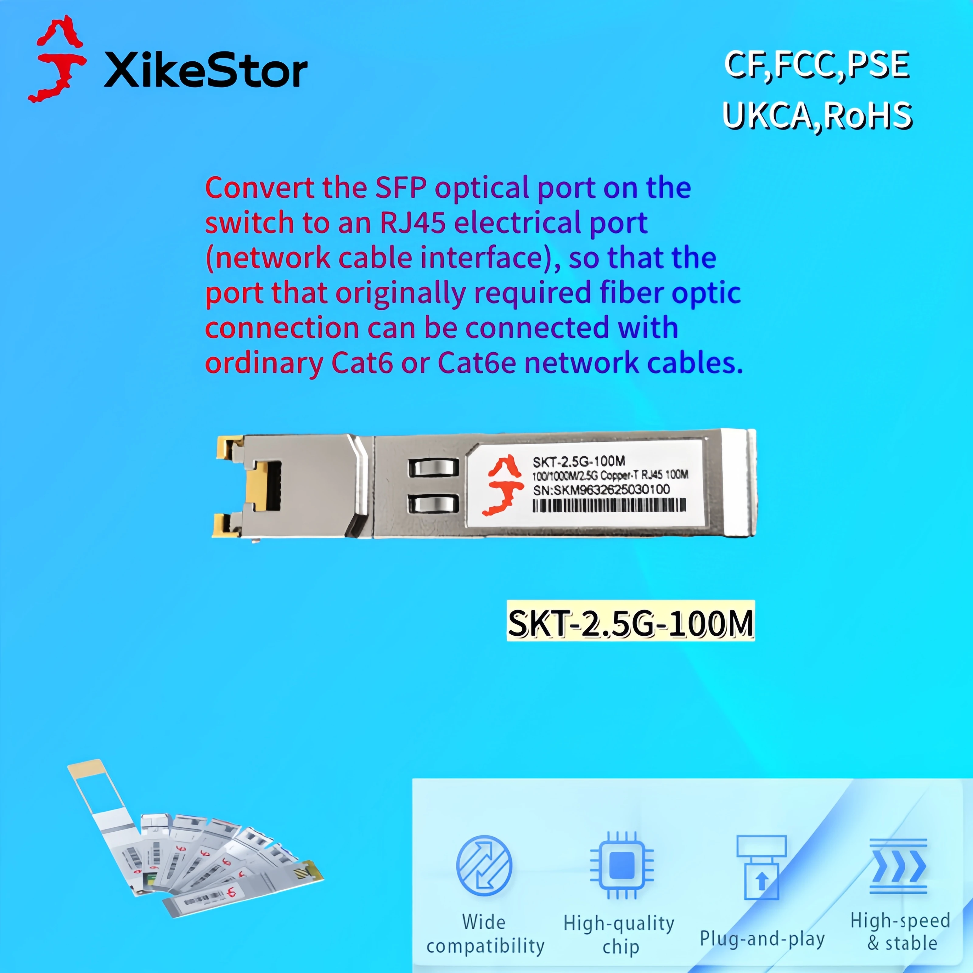 

XikeStor SFP optical to electrical module, SKT-2.5G-100M, cooperates with the switch to realize 10G network