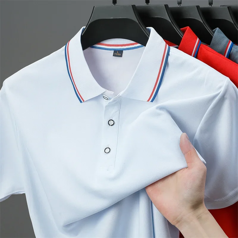 Weißes Business-Poloshirt für Herren, schnell trocknend, kurzärmelig, für Herren, Outdoor-Sport, Fitness, atmungsaktiv, kühl, mit Netz-Revers