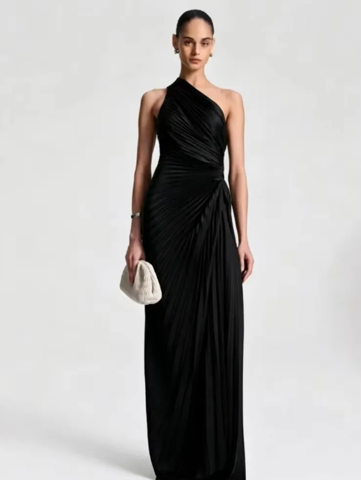 Women's Elegant Off Shoulder High Waist Pleated Long Sleeveless Backless Solid Green Dress for Wedding Guest Party Prom 2026 - view 4
