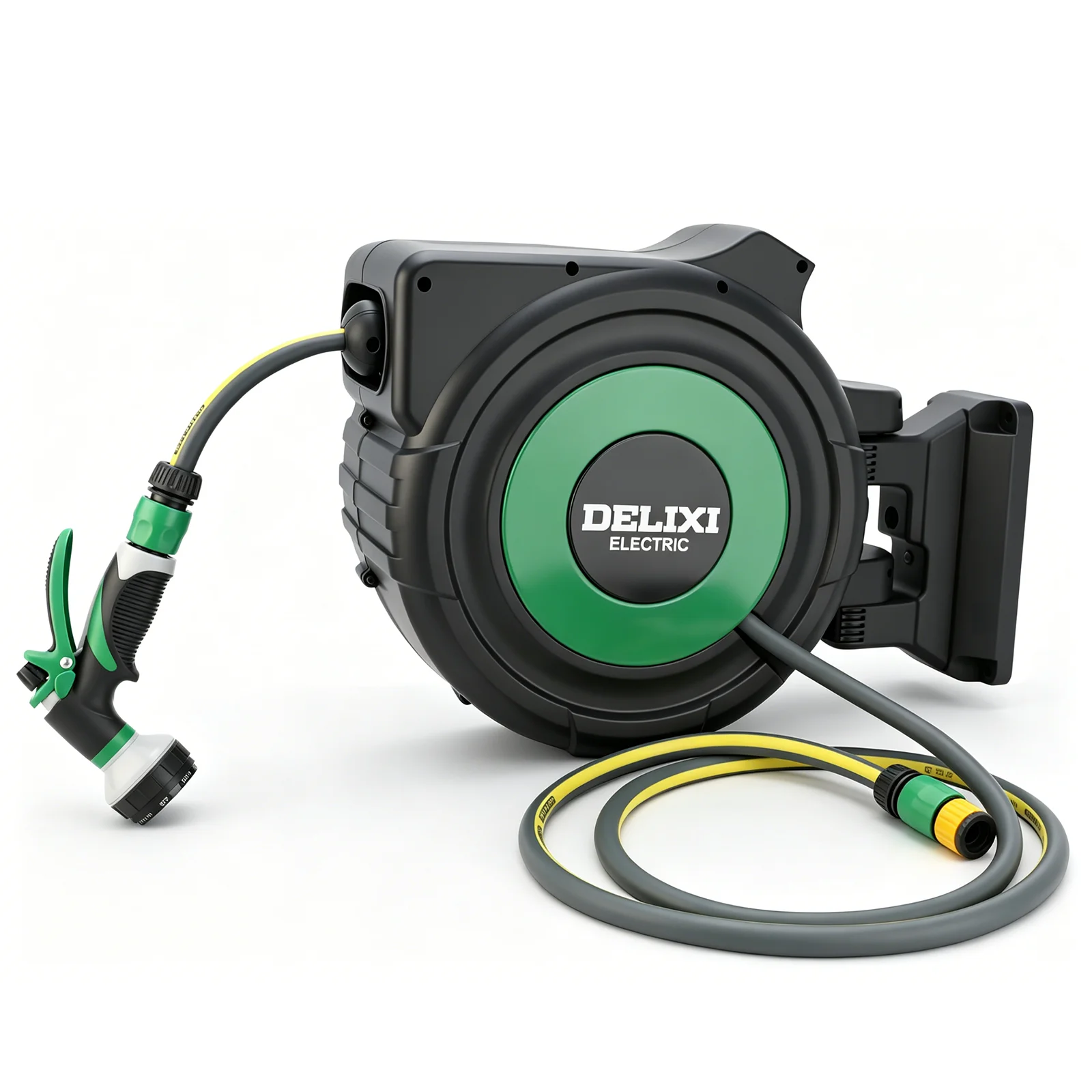 Heavy-Duty 50FT Extendable Garden Hose Reel Wall-Mounted with Automatic Drain Water Gun 10 Spraying Modes for Outdoor Watering Car Wash Lawn Care