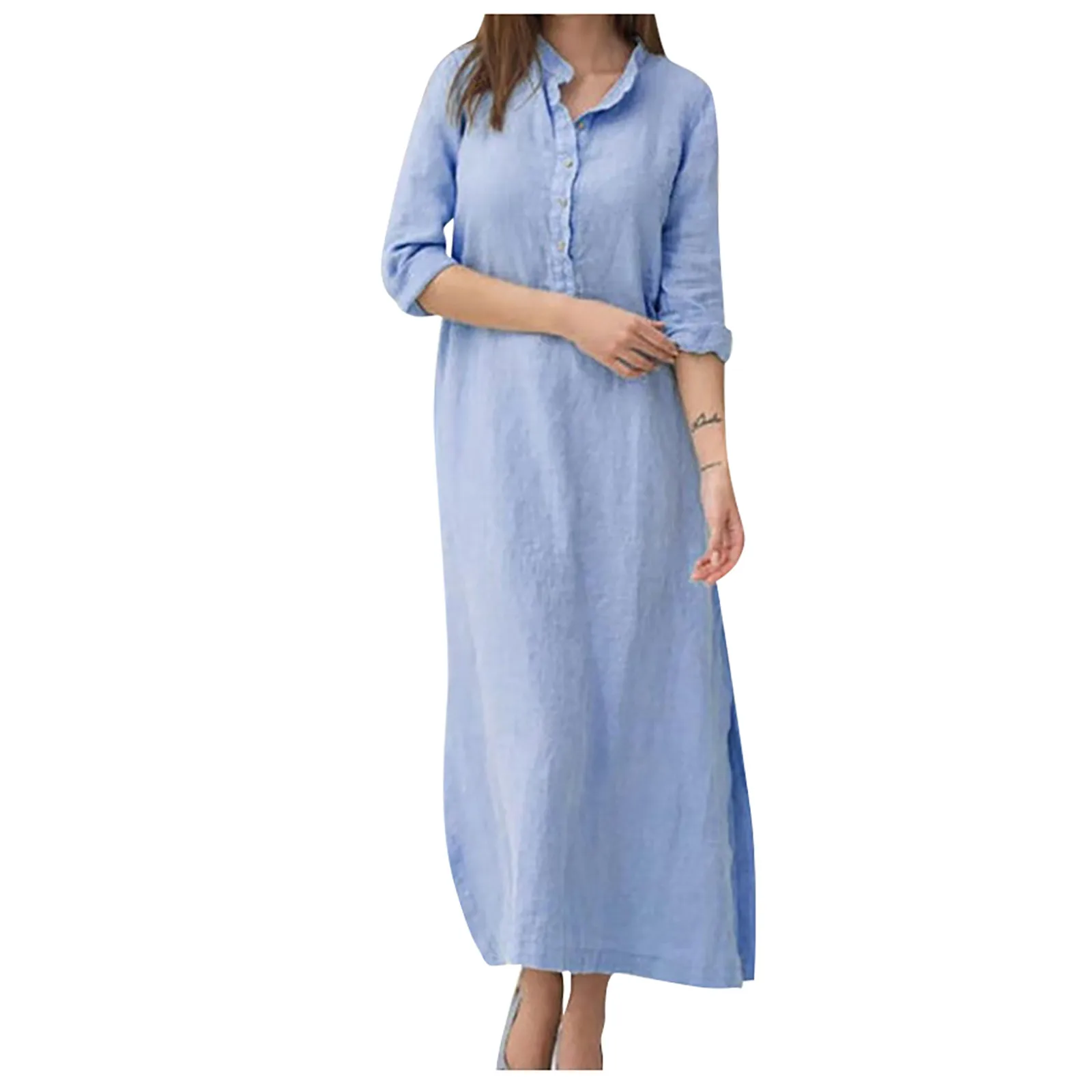 

Cotton linen Women's Dresses Kaftan Cotton Long Sleeve Plain Casaul Oversized Maxi Shirt Dress Plus Lapel Button Dresses