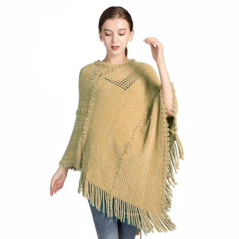 Poncho de punto con borlas para mujer, chal de chenilla de imitación de Cachemira, capa gris, Otoño e Invierno