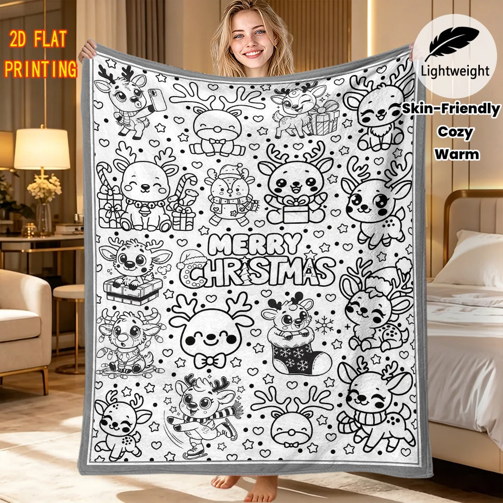 1pc 2D Flat Black‑White Colorable Christmas Reindeer Harvest Throw Blanket, Cute Reindeer With Candy Gift Box
