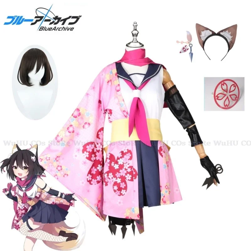 Game Blue Archive Cosplay Kuda Izuna Cosplay Kostuum Mooie Gedrukt Kimono Uniform Pruik Halo Vrouwen Halloween Party Rollenspel Pak