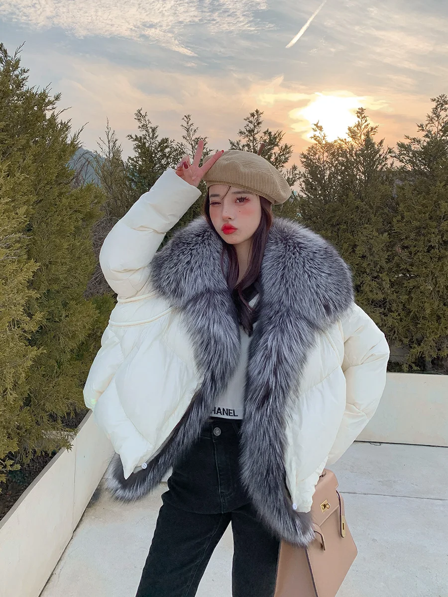 

New Winter Women White Duck Down Coat Thick Warm Down Jacket with Real Fox Fur Collar