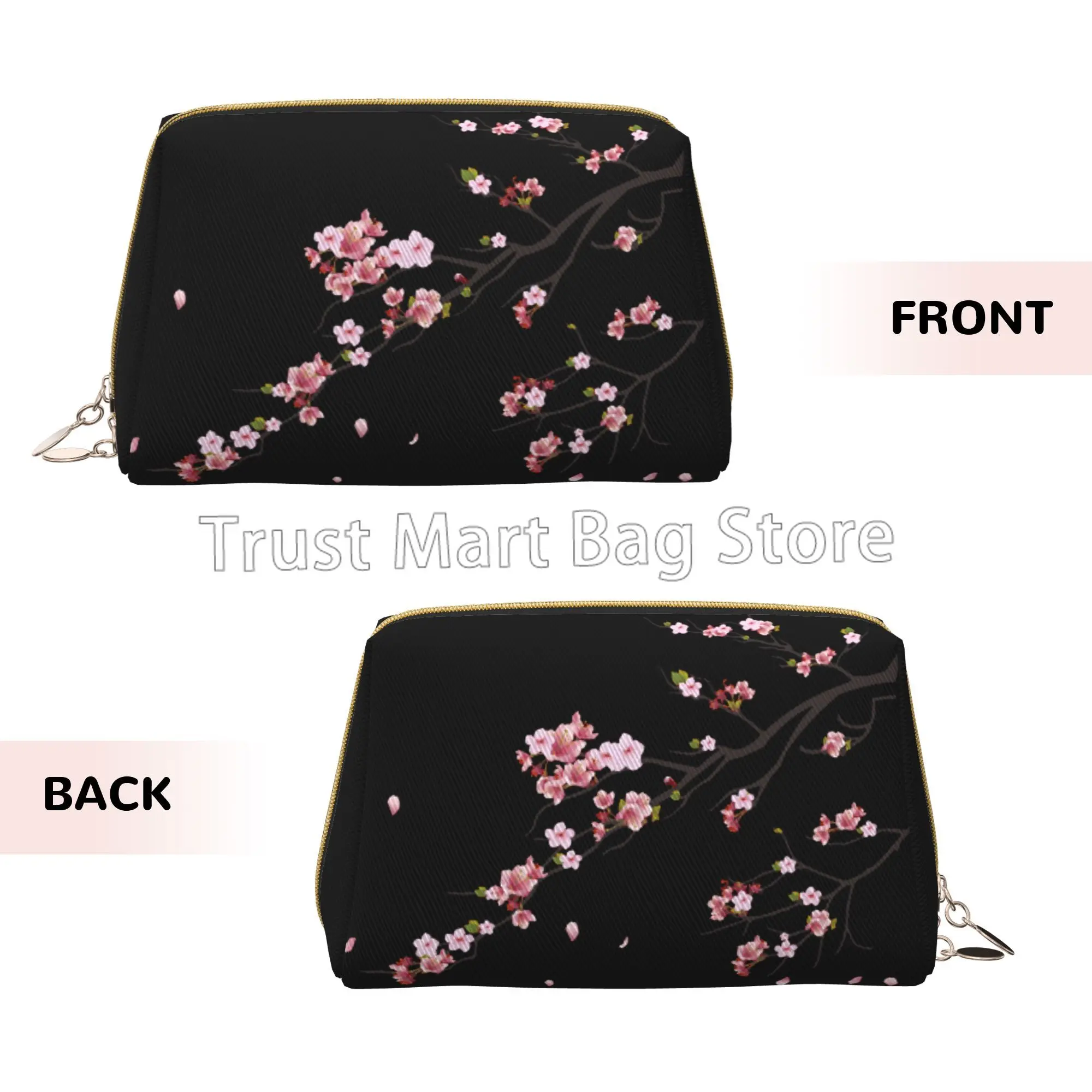 Japanese Sakura Cherry Blossoms Toiletry Bag Travel Cosmetic Bags Women Leather Makeup Storage Pouch Waterproof with Zipper Gift