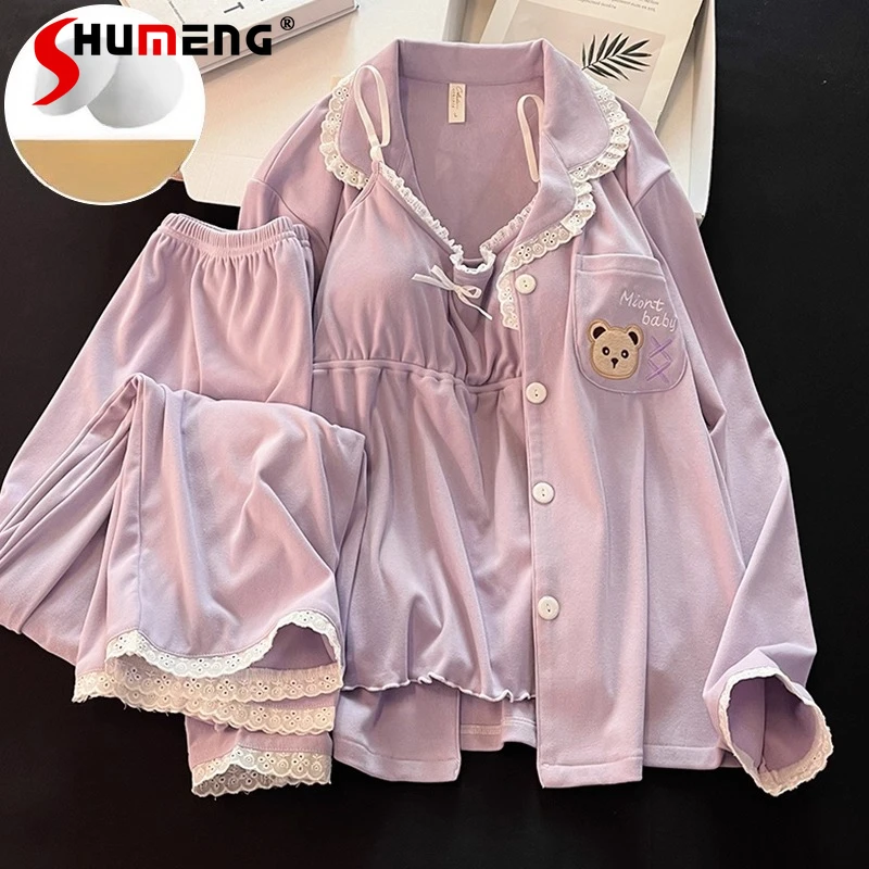 

Pajamas Camisole Three Piece Set for Women Autumn Winter Chest Pads Sleepwear Lady Long Sleeve Lace Pure Cotton Homewear
