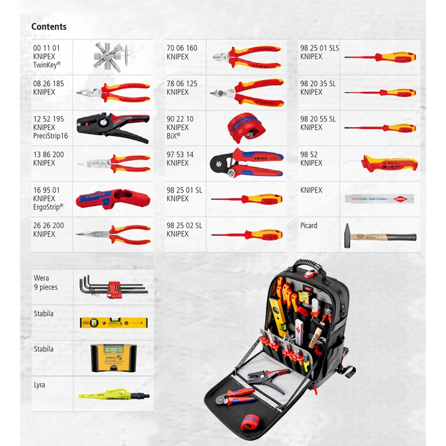 KNIPEX 22PCS Electric Tool Backpack Insulated Tool Kit with Bag VDE Approved 00 21 50 E