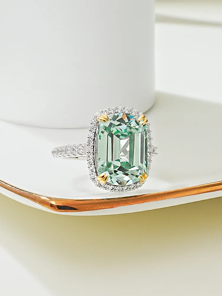 Luxurious light green tourmaline 925 sterling silver ring set with high carbon diamond temperament niche and versatile for women