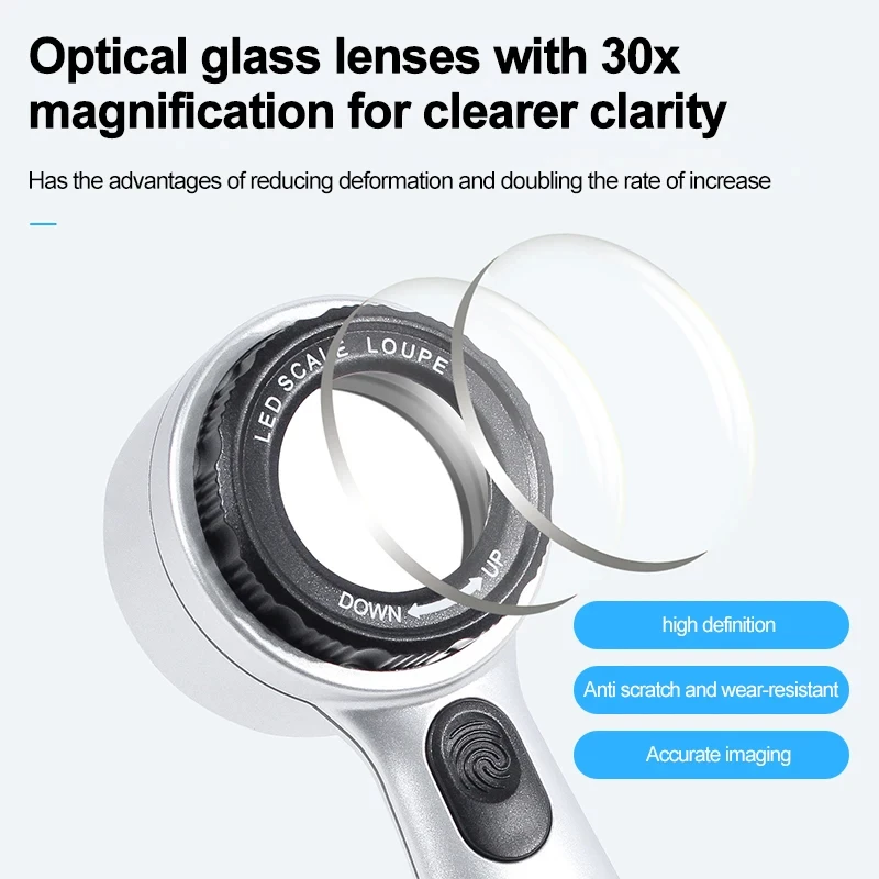 30X Handheld Rechargeable Magnifying Glass with LED Lights Illuminated Magnifier for Seniors Reading Jewelry Watch Reading Loupe