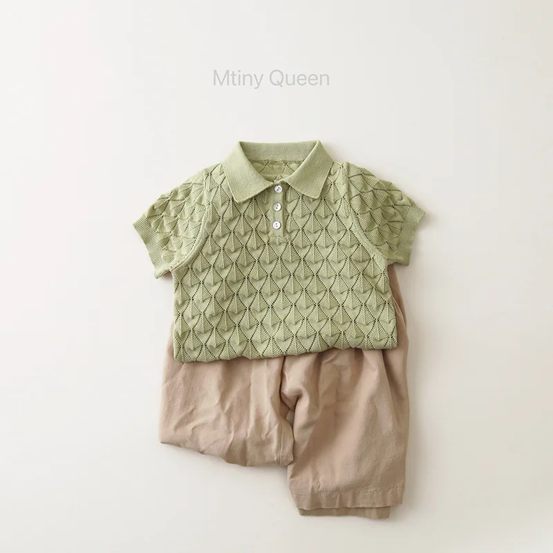 

2025 New Summer Children Hollow Knit Tops Solid Kids Girls Lapel Polo Shirts Baby Boy Short Sleeve T Shirts Infant Clothes