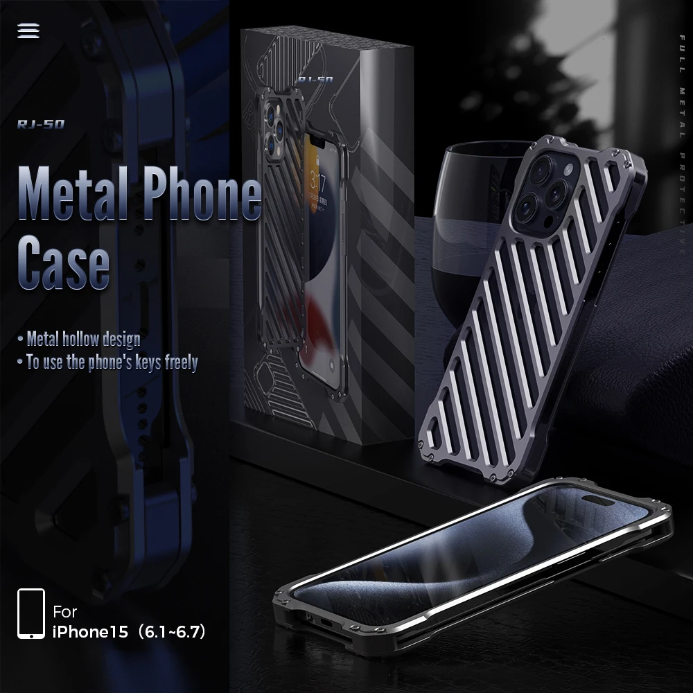 R-just Metal Armor Case For Iphone 16 15 1413 12 Pro Max Plus With Camera Lens Protector Heavy Duty Hollow Funda Skin Shell