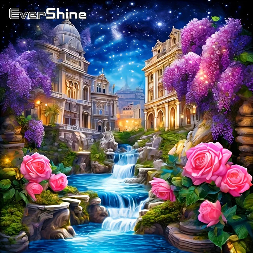Evershine Diamant-Mosaik Landschaft Vollquadrat-Drucknadelbild Garten-Rose Strass-Kreuzstich-Set Mosaik-Schloss Heimdekoration