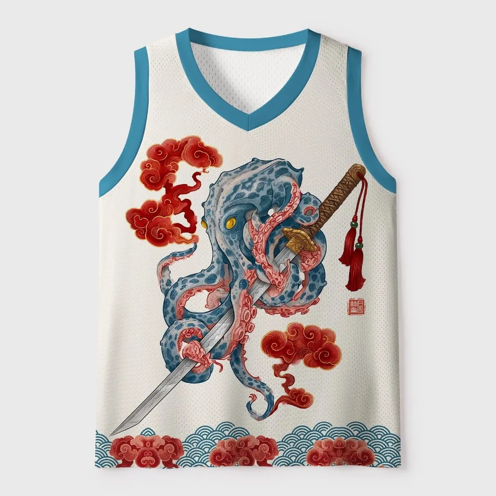 Sword-cutting Octopus Cloud Pattern 3D Print Men's V-neck Vest Fashionable Streetwear Outdoor Casual Breathable Quick-drying Top