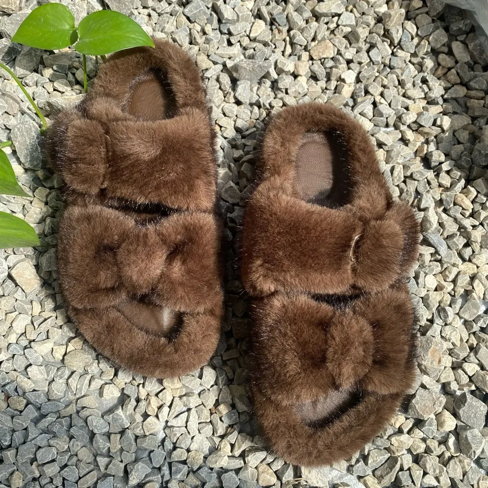 

Women's Shoes Fashion Bow Strap Fur Slippers Women Indoor Warm Plush Home Sandals Woman Faux Fur Flat Flip Flops Women Clogs