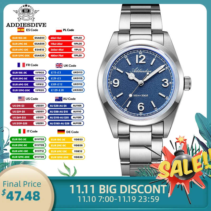 

ADDIESDIVE Man Watch VH31 Bubble Glass AR Coated 36mm Elegant Luxury WristWatch BGW9/C3 Luminous Waterproof 10Bar Quartz Watches