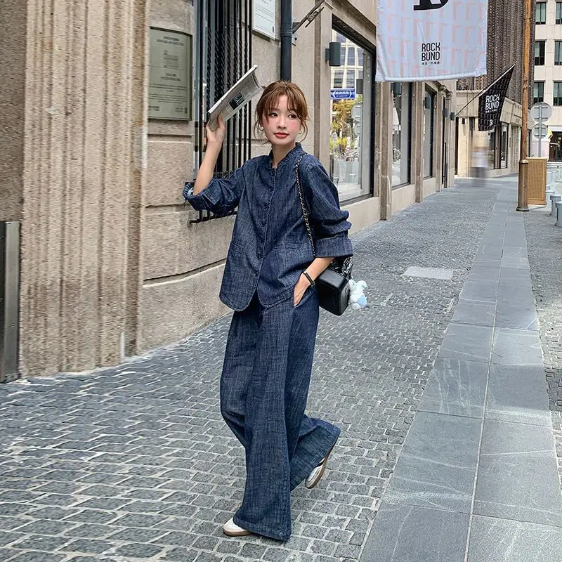 SuperAen moda Vintage Denim camisa de manga larga para mujer 2025 nuevos pantalones casuales de pierna ancha conjuntos de dos piezas