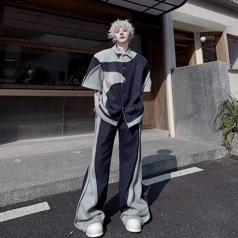 Boys 2025 Summer New Very Cool Handsome Sets Personalized Contrast Color Short-sleeve Shirt Wide-leg Pants Loose Two-piece Sets