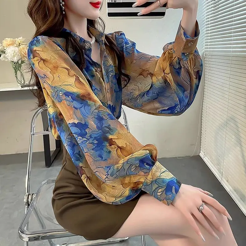 2024 New Summer Oversized High Waist Chic Bohemian Retro Office Lady Women's Shirt Irregular Print V Neck Long Sleeve Y2K Tops