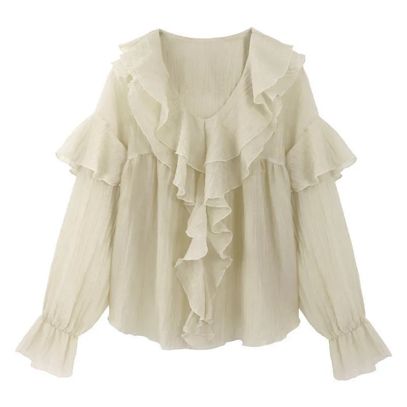 Gentle Wind V-neck Ruffle Leaf Edge Shirt Women's Spring Wear New Korean Version Loose and Thin Long-sleeved Shirt Beautiful Top