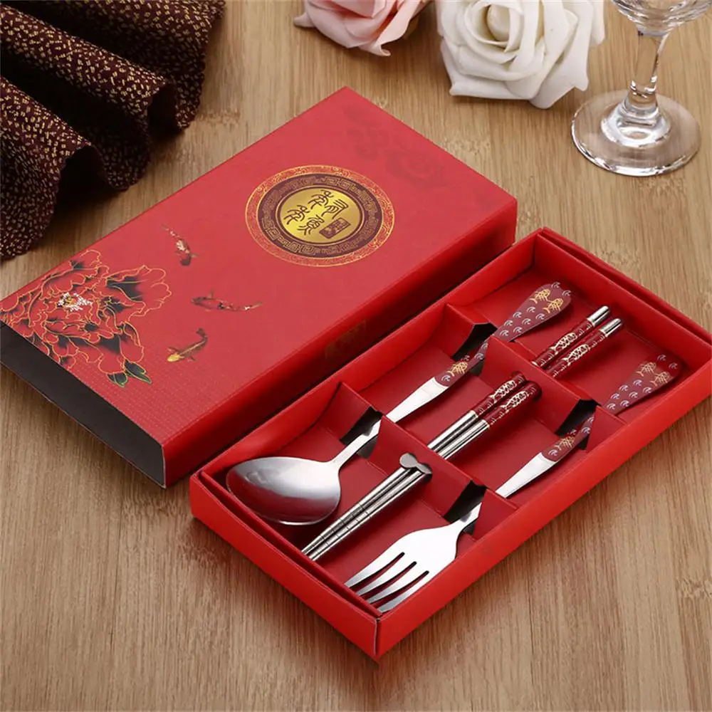 Set Of Red/Blue/White/Green Porcelain Tableware Stainless Steel Chopsticks Spoon Fork Gift Box Portable Travel Tableware Set