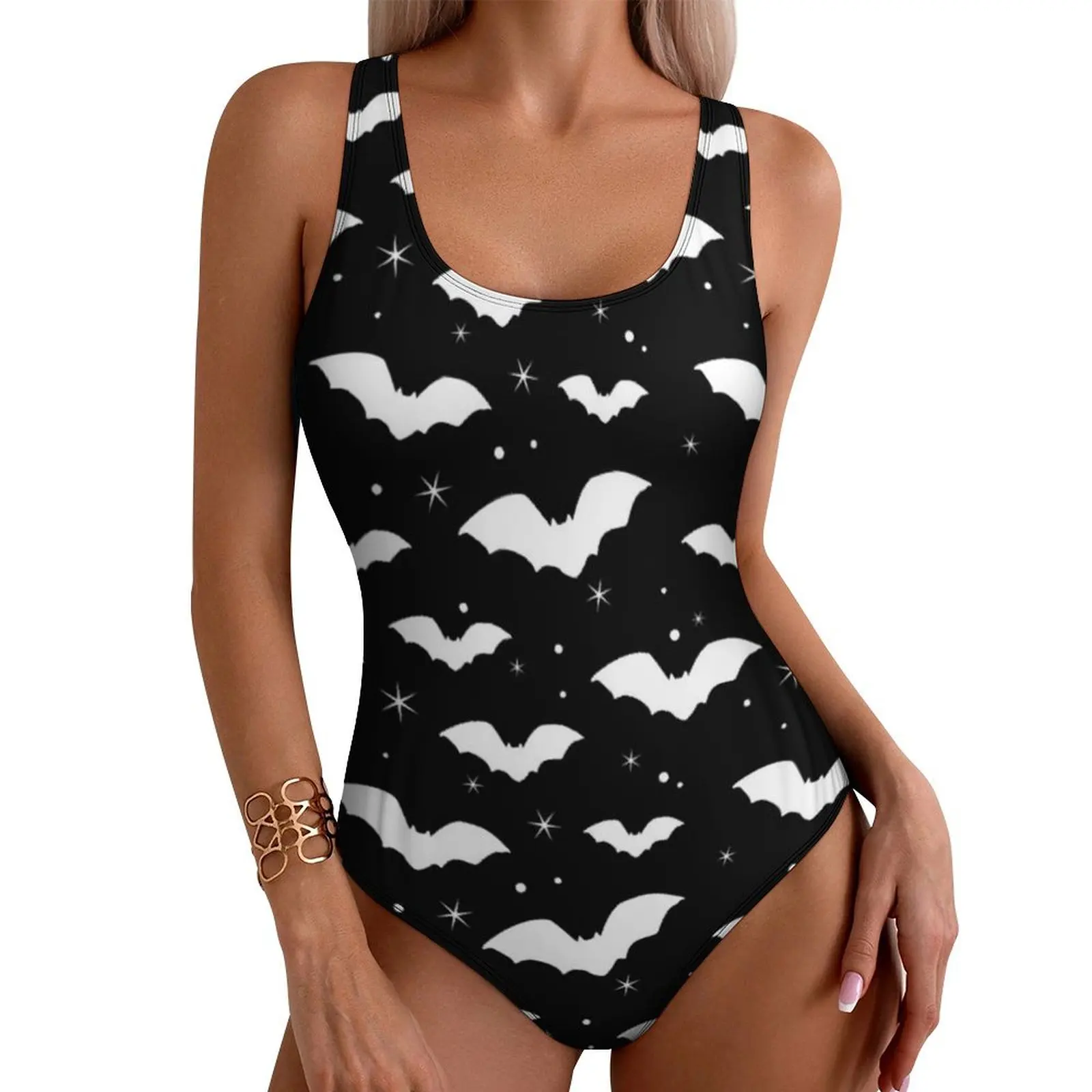 Bats Silhouettes Swimsuit Sexy Night Sky Female Swimwear One Piece Fantasy Bodysuit Holiday Rave Push Up Cut Out Beach Outfits